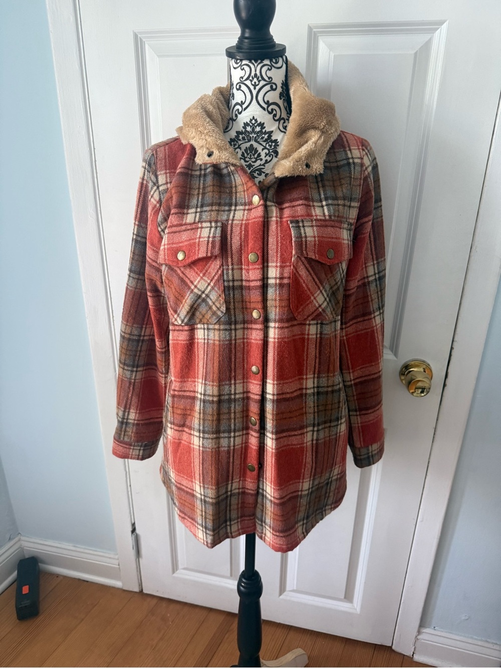 Perfect for Fall. Rust Plaid Hooded Utility Jacket